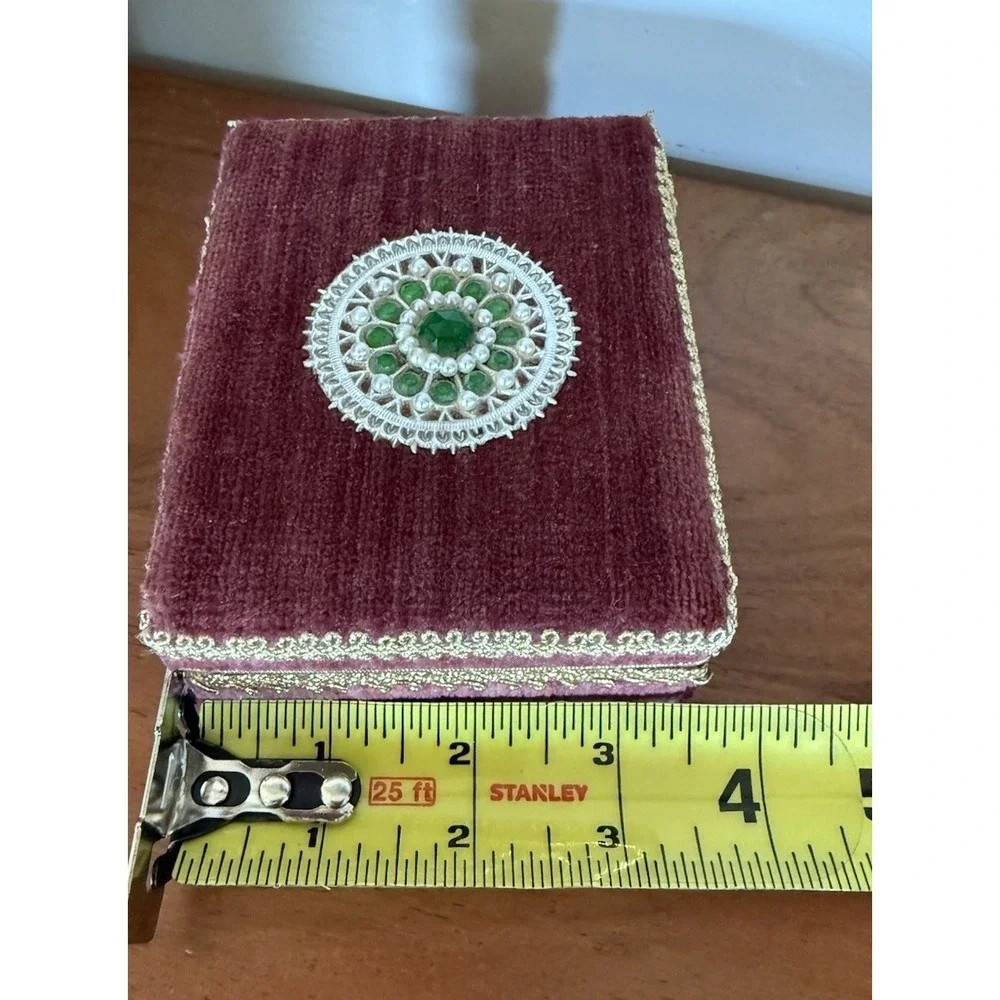 Burgundy Velvet  Embellished Jewelry Box with Gold Floral Accent 4.5x4x2